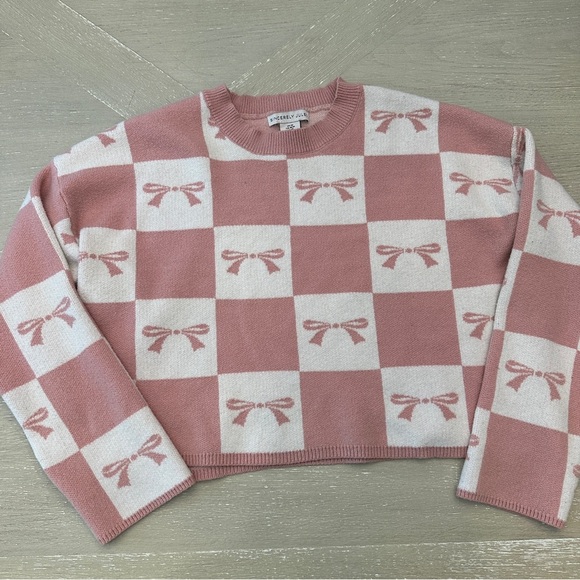 Sincerely Jules Pink and White Checkered Crew Neck Sweater Bows - Picture 1 of 7